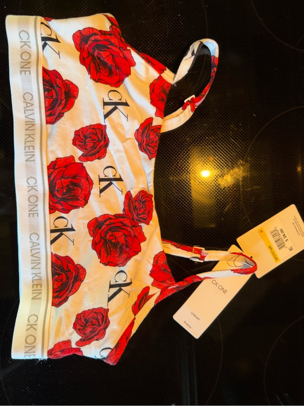 Calvin Klein White Sports Bra with Red Rose Print